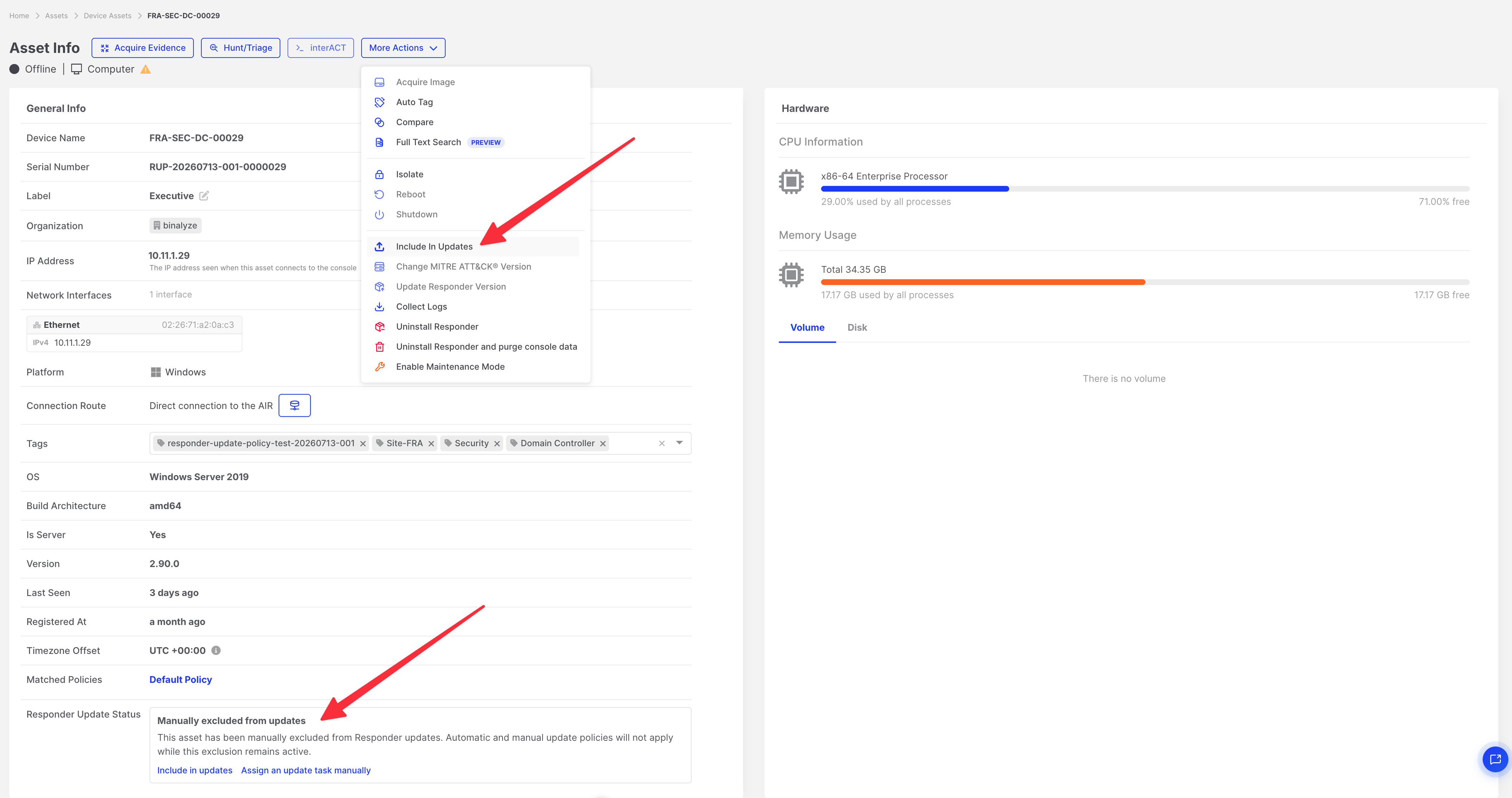 Responder Updates: Asset manually excluded from updates